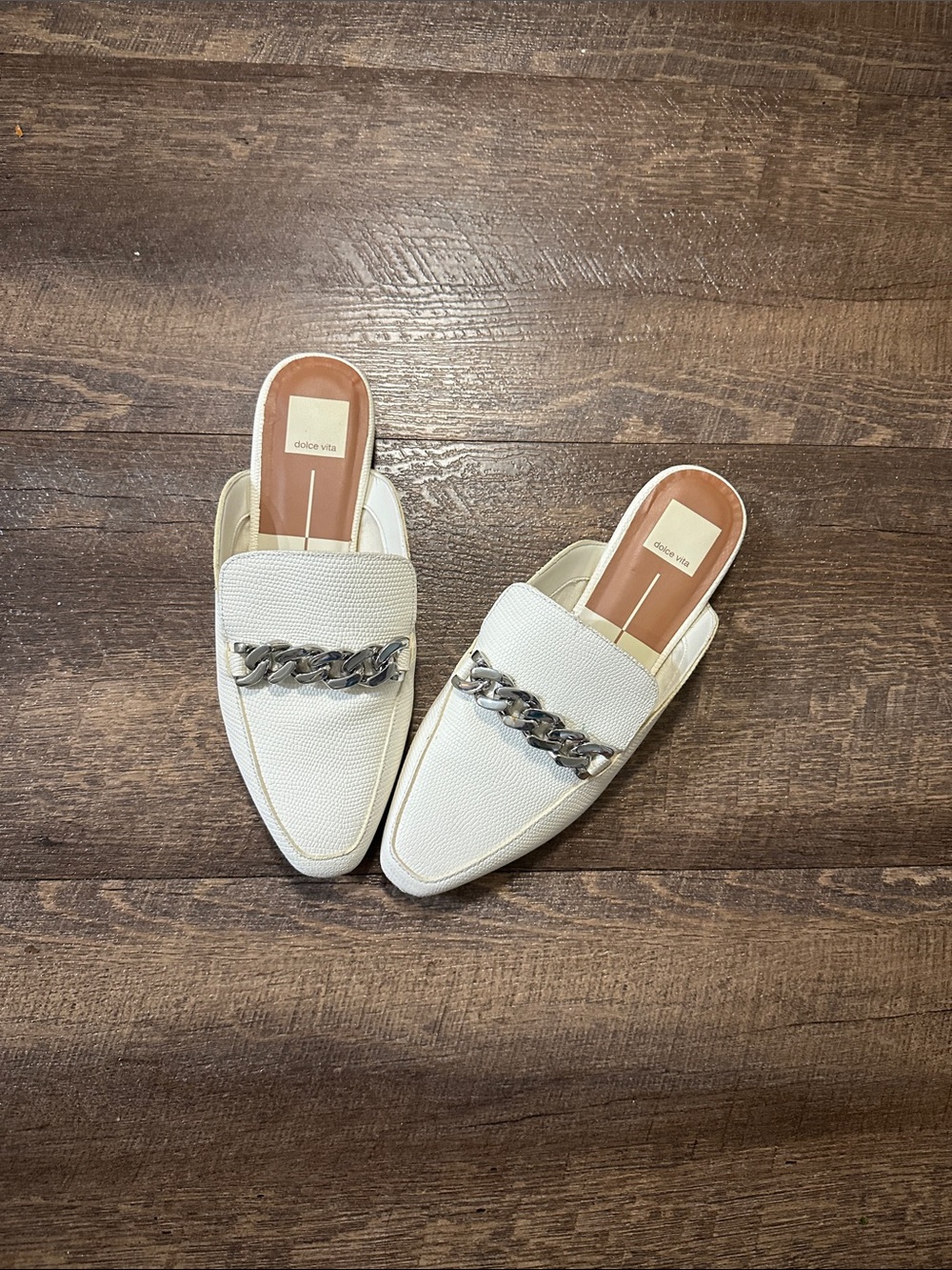 Dolce Vita Cream Slip-On Mules with Silver Chain Accent